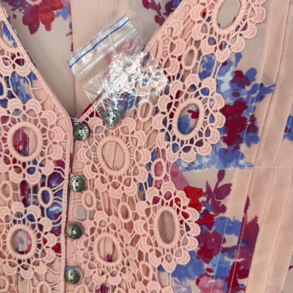 Roaman's Blouse Womens 16W Pink Floral Crochet Lace Pintuck Boho Cottagecore - Picture 4 of 7